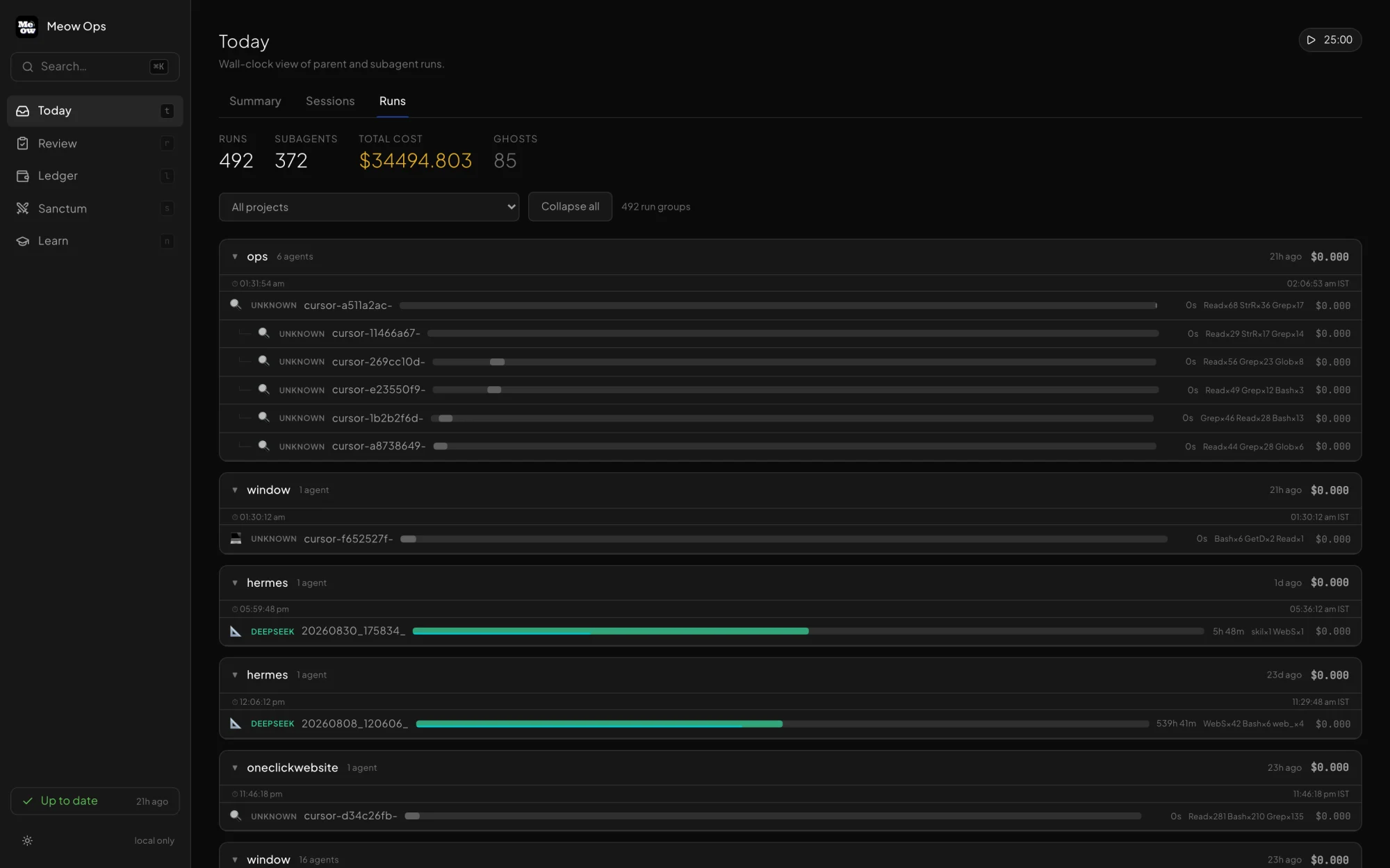 Meow Ops Runs screen with a wall-clock timeline of parent runs and their subagents