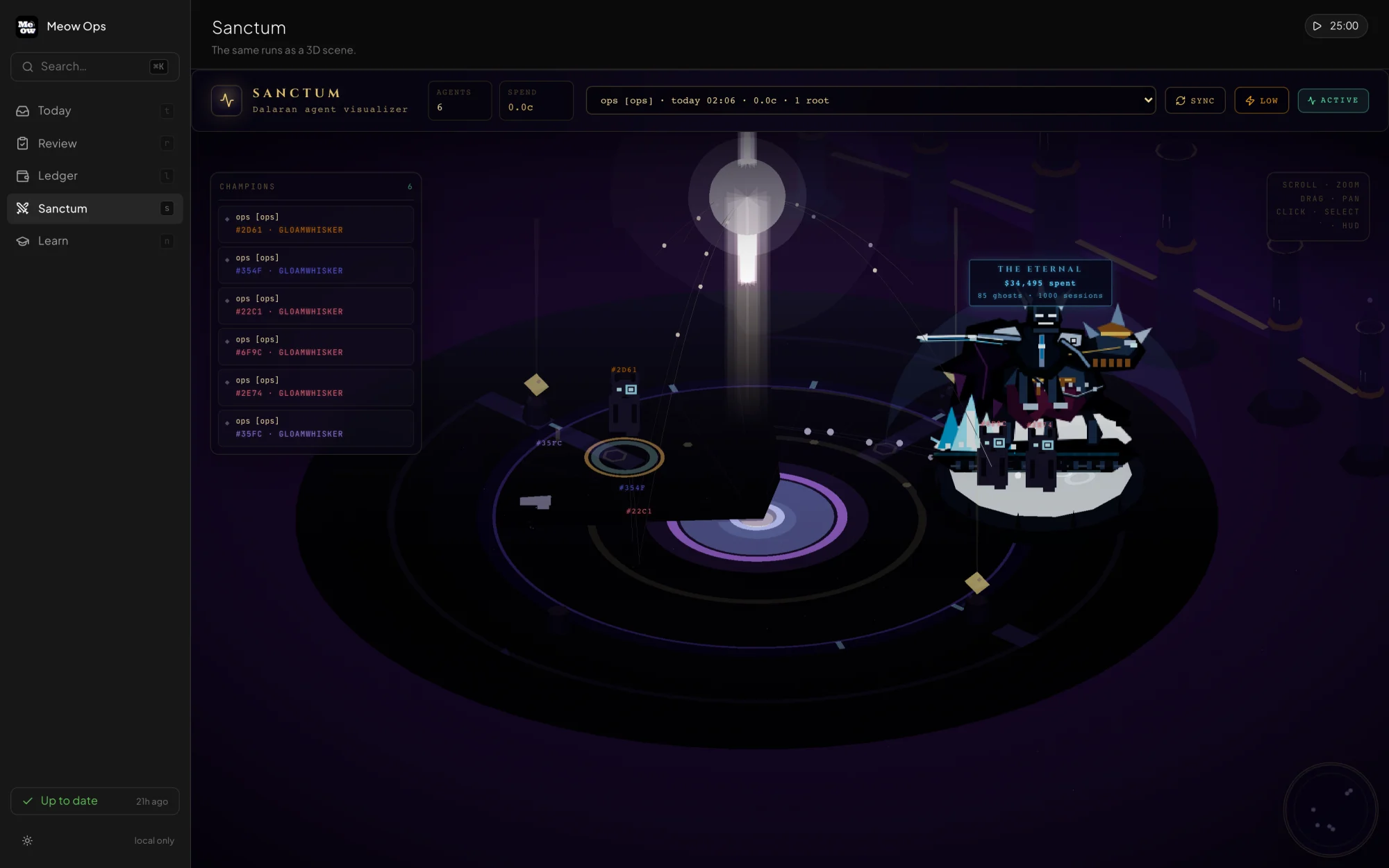The Meow Ops Sanctum screen rendering a session of agent runs as an orbitable 3D scene