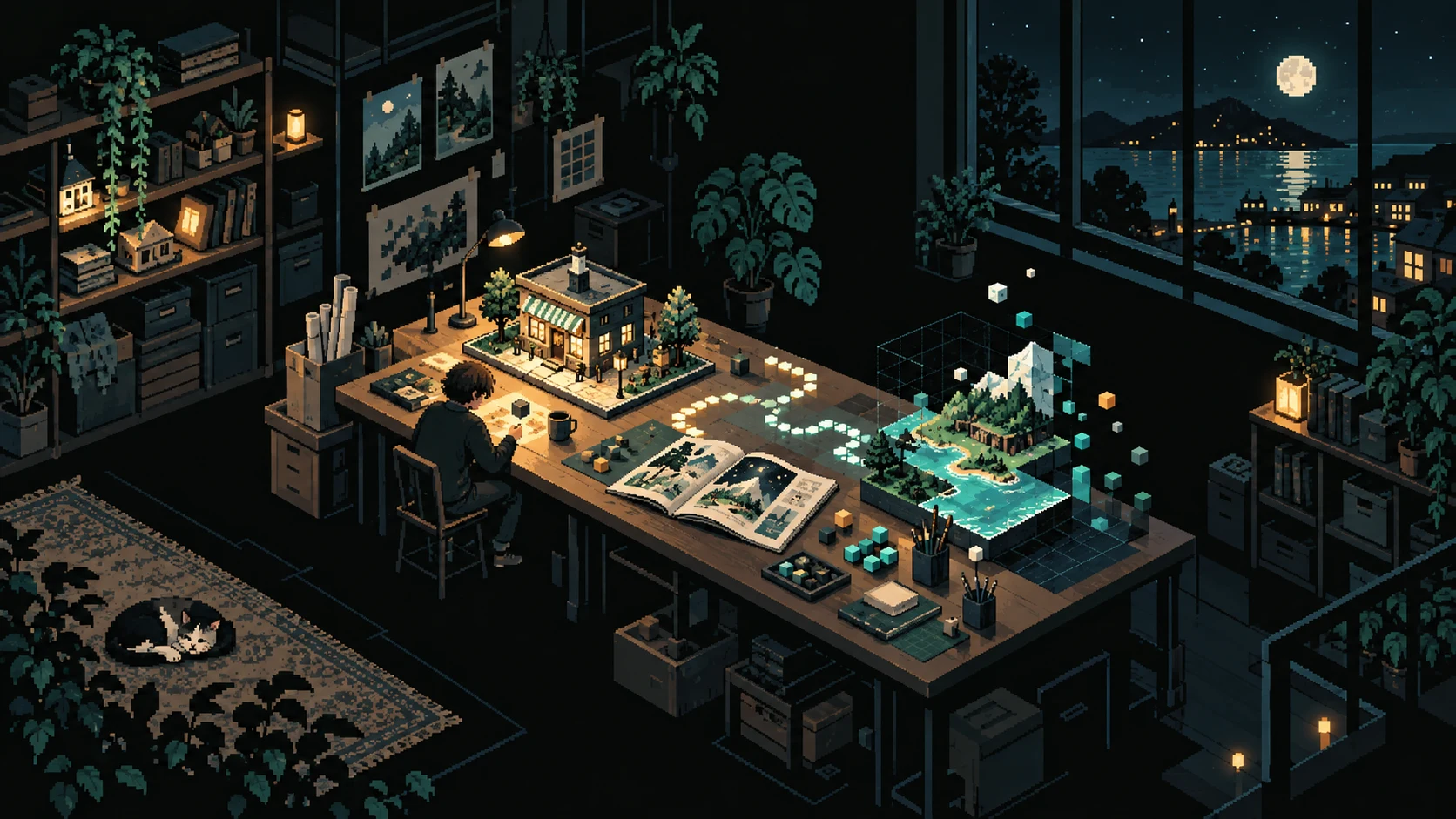 A pixel-art studio at night, with a shop model, glowing paths and an unfinished landscape on a desk