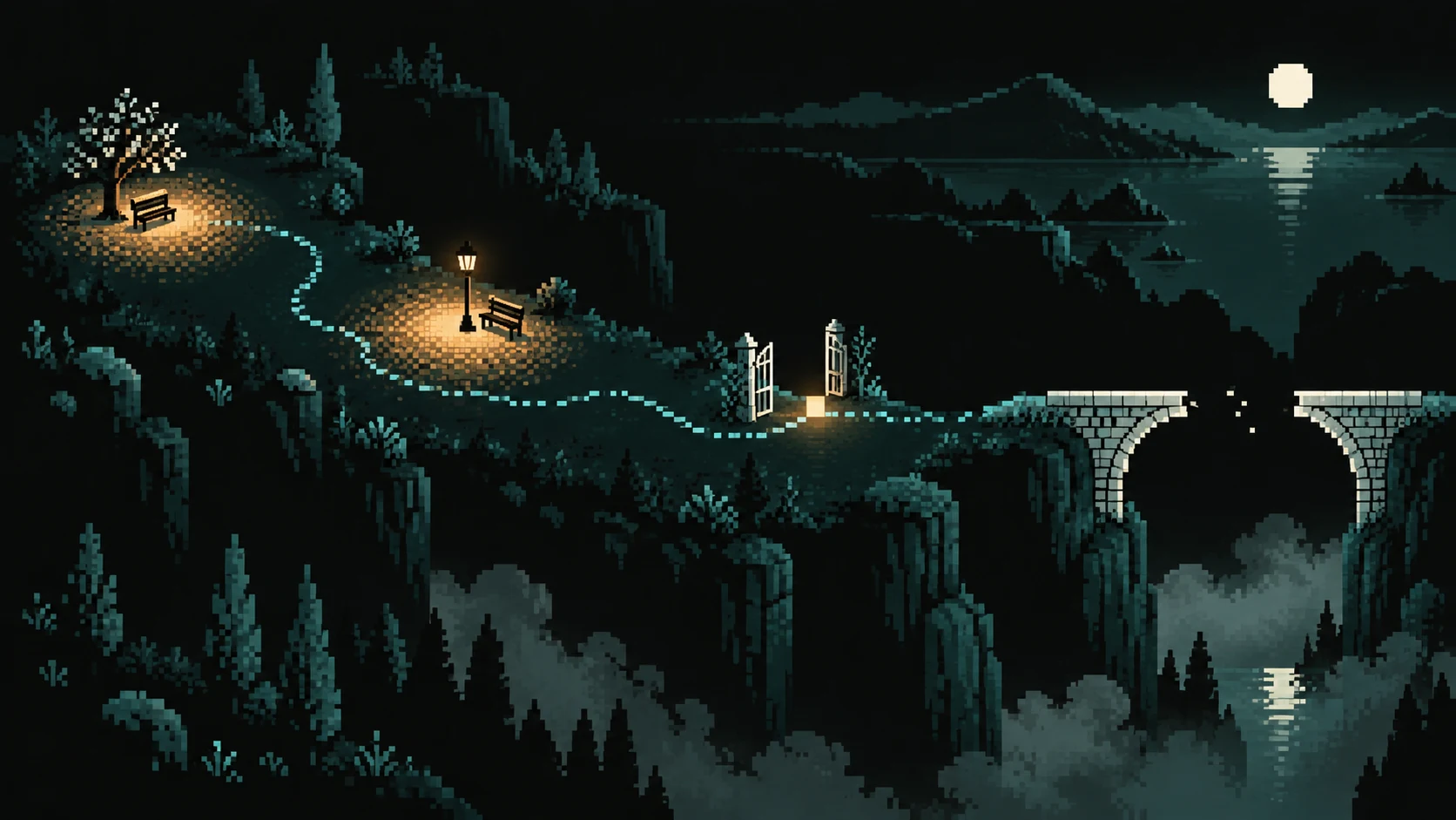 A glowing path passes two lit stops and a gate towards an unfinished bridge