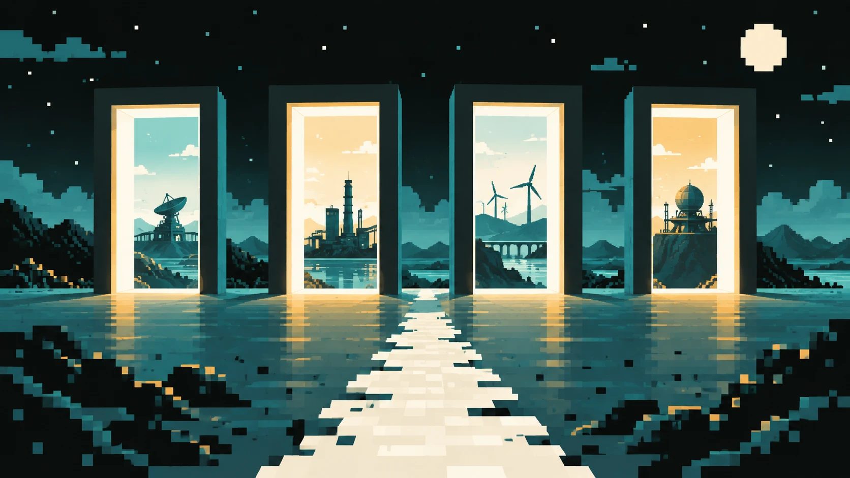 Four illuminated doorways reveal different distant machines