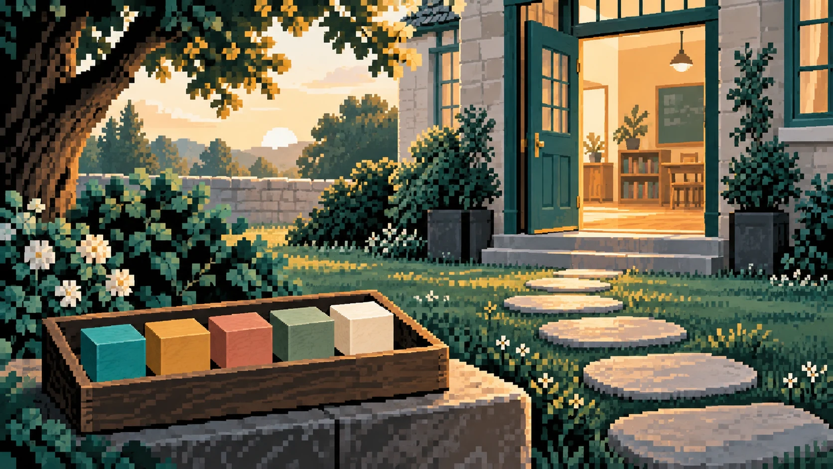 Five coloured blocks in a tray beside stepping stones to a school doorway