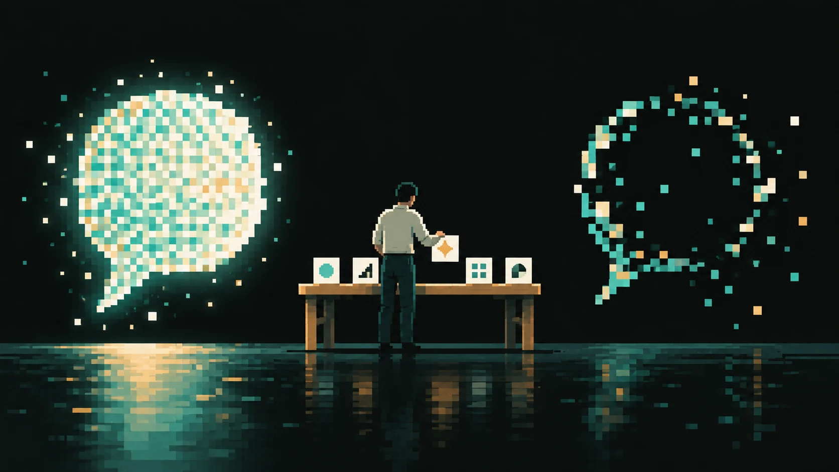 A person arranges five tiles between a complete and an unfinished speech bubble