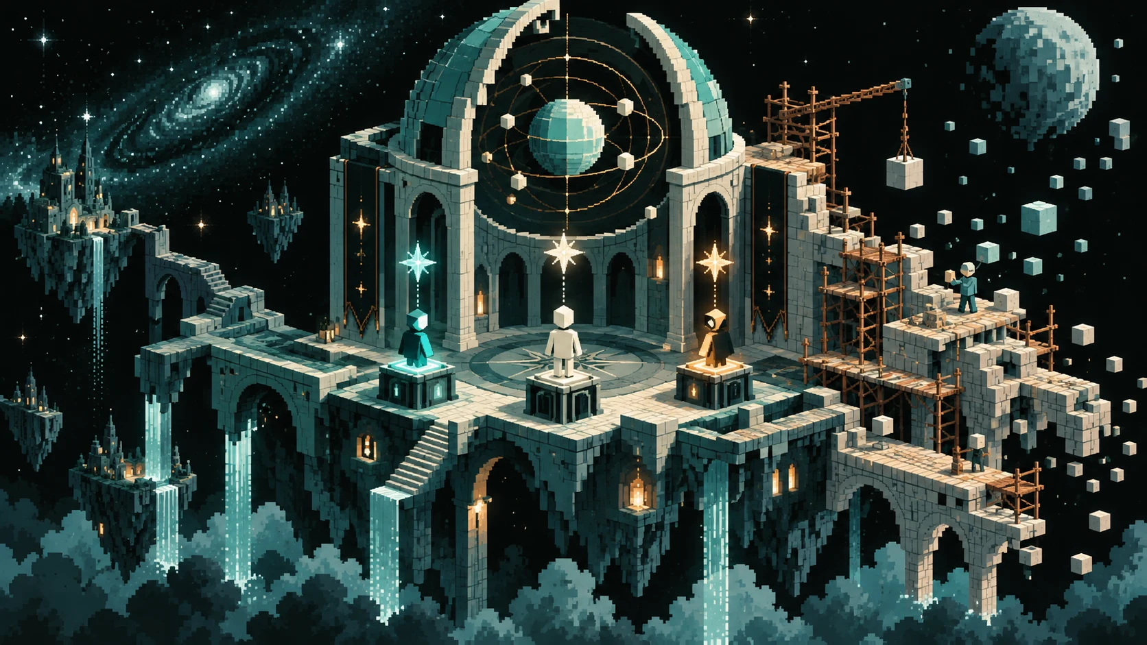 A pixel observatory with distinct session markers and scaffolding