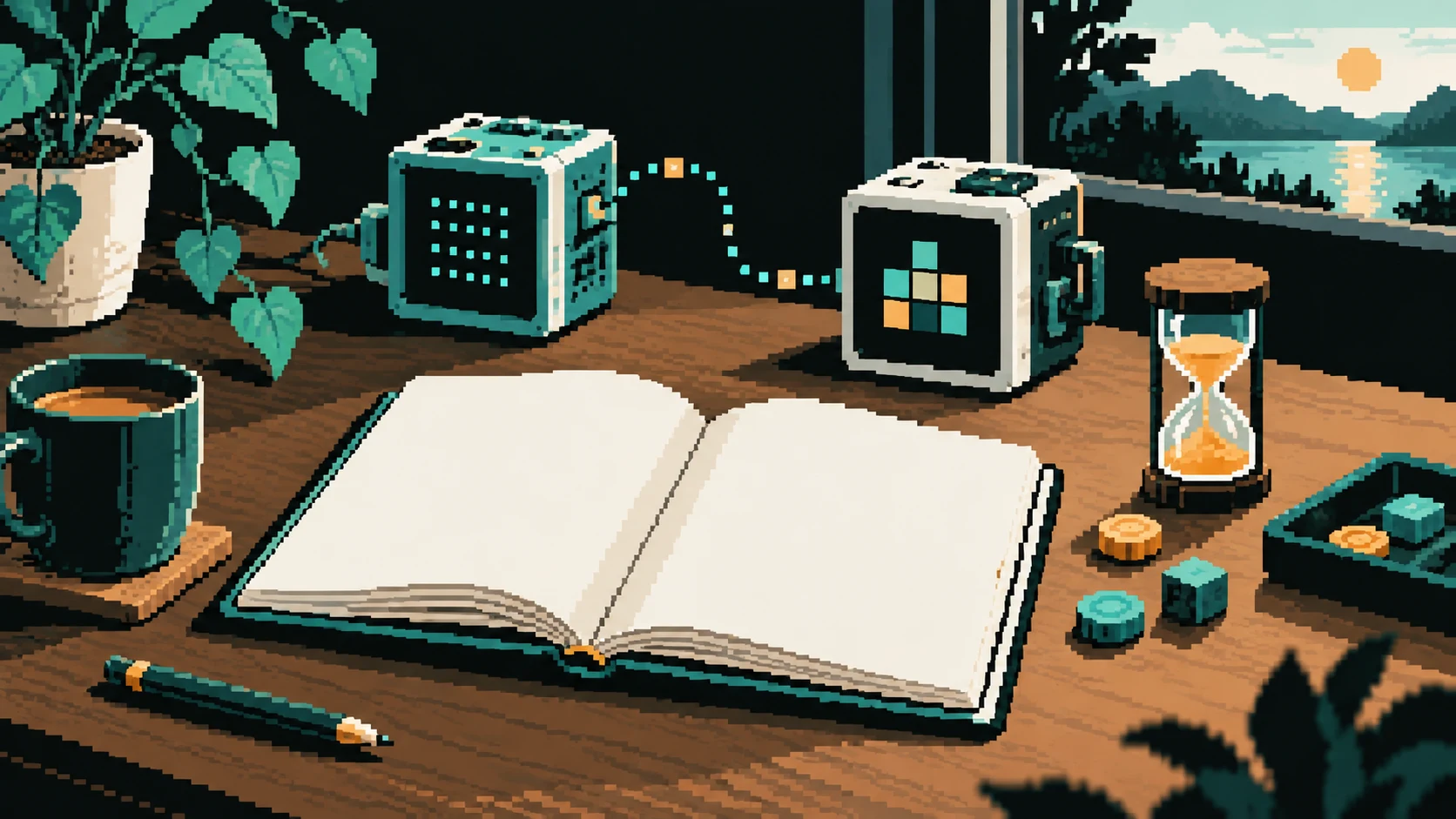 An open zine, two small computers, an hourglass and tokens on a desk