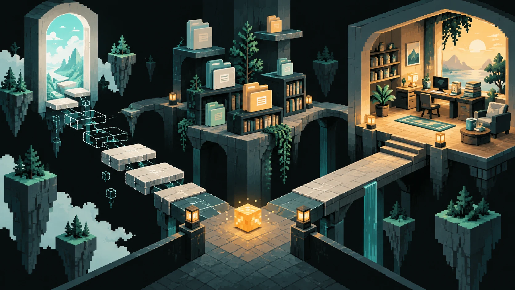 Two paths lead through a shared file library towards a familiar workspace