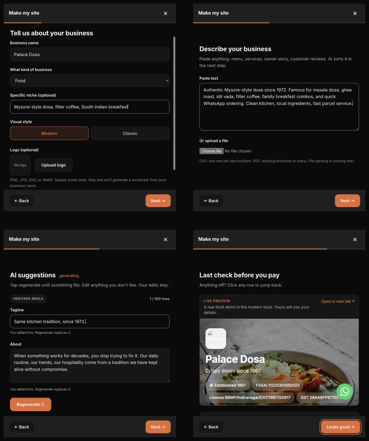 Collage of four real 1ClickWebsite India builder screens showing business setup, content input, AI suggestions and review preview