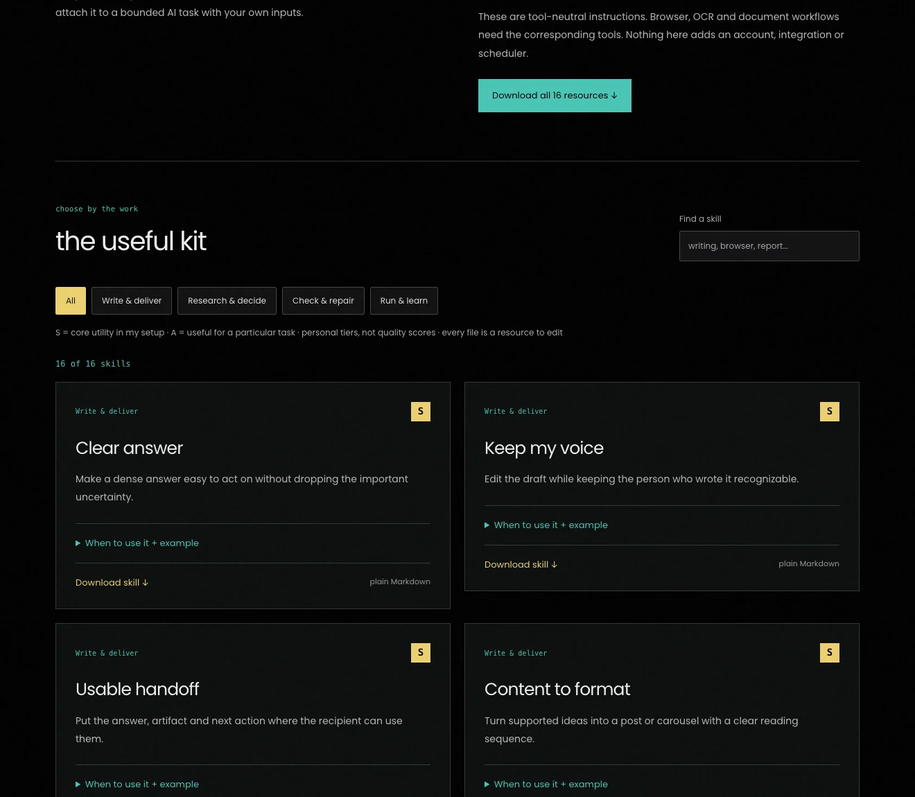 The live MCH public skills shelf showing filters and downloadable skill cards